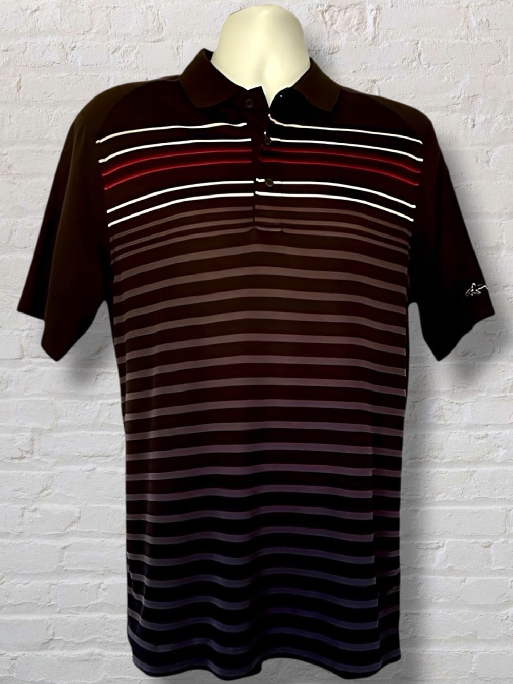 Greg Norman for Tasso Elba Shark Polo Size Medium Black Striped PlayDry Slim Fit